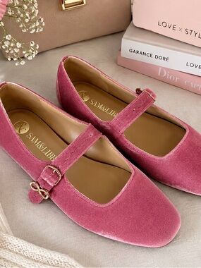 Sam & Libby Rose Pink Velvet Mary Jane Flats with Gold Buckle
